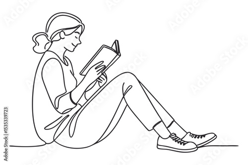 Relaxed Woman with Book in Line Drawing
