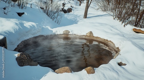 A steaming hot spring nestled in a snowy winter landscape.
