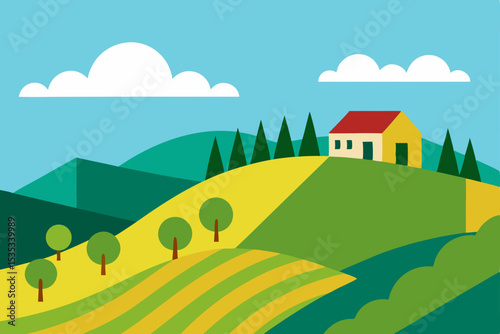 Cartoon summer rural landscape with houses and green trees under a blue sky with clouds