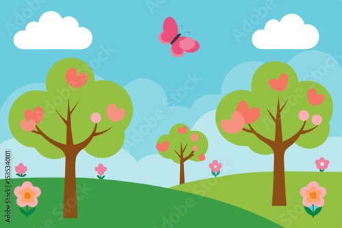 A vibrant cartoon apple tree with colorful flowers and birds stands in a sunny spring park landscape