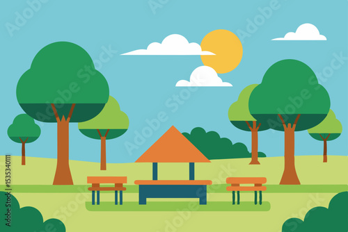 Vector illustration of a charming country house cafe and restaurant building with a vibrant summer sky, trees, and green landscape