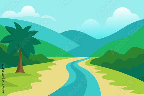 Lush green nature lines the winding road to the sparkling sea, with palm trees swaying under a summer sky and distant mountains on the horizon