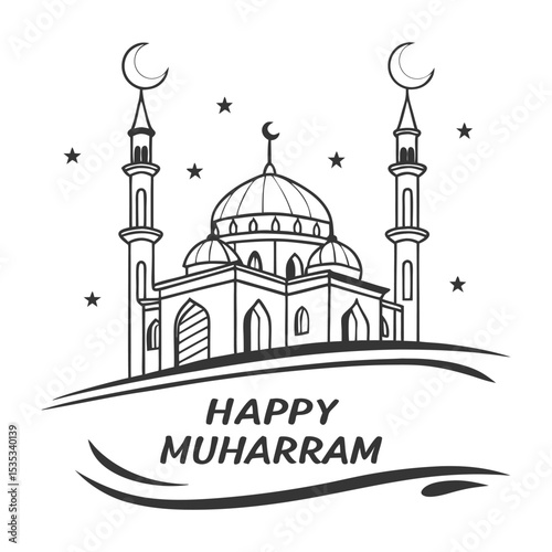Line art illustration of mosque with crescent moon and stars with happy Muharram text for Islamic New Year celebration.