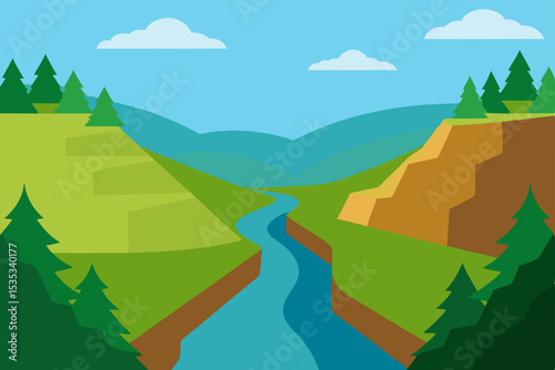 Landscape with green mountains, trees, and a blue sky with clouds, illustrating a peaceful summer countryside view