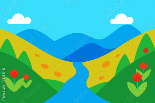 Autumn landscape with trees, mountains, and clouds, illustrating the serene beauty of nature's hills and green fields under a blue sky