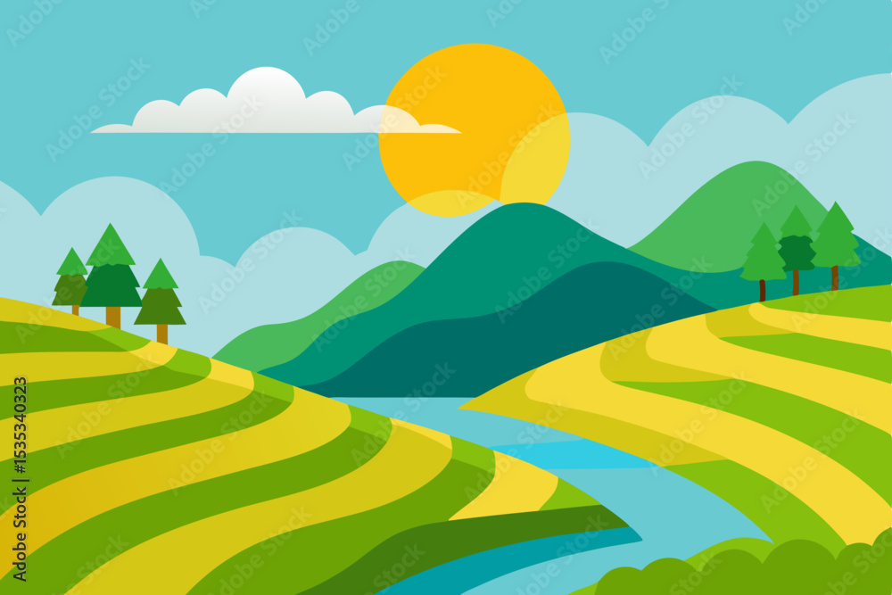 Fototapeta premium Summer mountain landscape with green fields and blue sky, a panoramic nature view