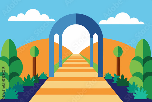 A summer landscape vector illustration depicts a winding road through a green forest, leading towards a sunlit horizon with clouds and distant city silhouettes