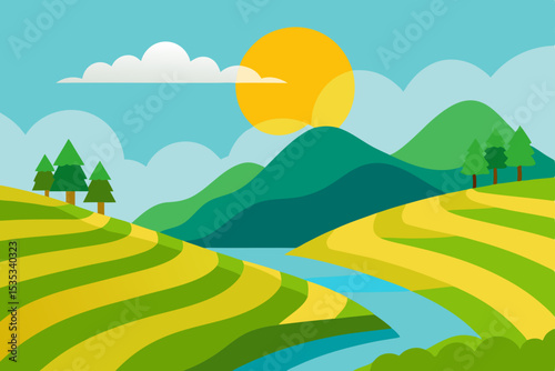 Summer mountain landscape with green fields and blue sky, a panoramic nature view