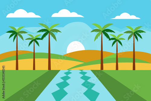 Tropical beach paradise with palm trees against a summer sky