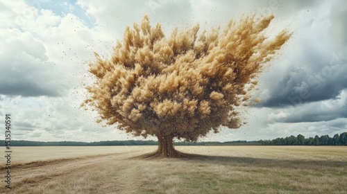 A Tree Explodes in a Cloud of Golden Dust Across a Field