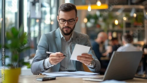 Professional businessman working with documents and mobile device in a bright workspace