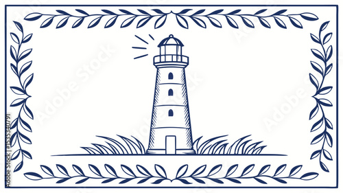 Hand drawn lighthouse illustration with decorative laurel wreath border on transparent background