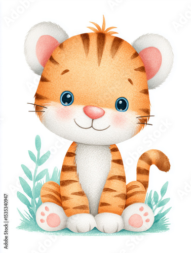 hand-drawn watercolor illustration of cute cartoon tiger,watercolor of animal on white paper background	