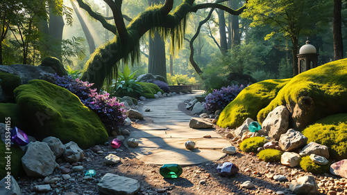 Garden in the park with a flowing river, green trees, and moss-covered rocks in an autumn mountain landscape