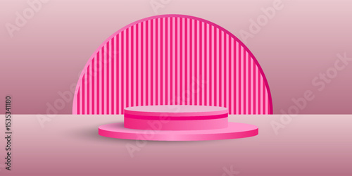 Abstract pink background with cylindrical podium for displaying products, 3D red and pink cylindrical pedestal with curved background and cave wall,