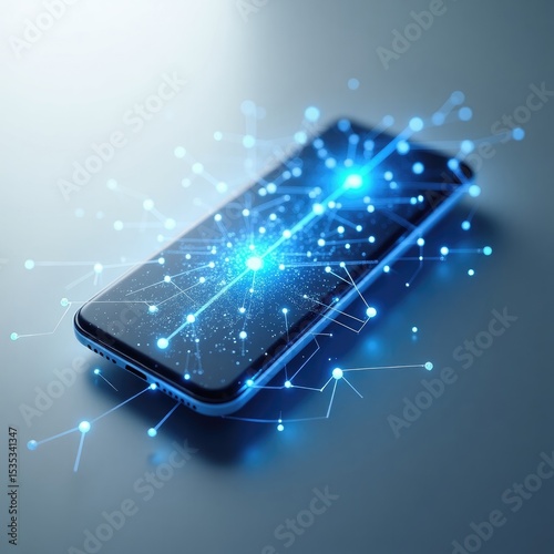 Futuristic Mobile Company Logo with Abstract Smartphone and Electric Blue Circuit Nodes on Metallic Silver Background