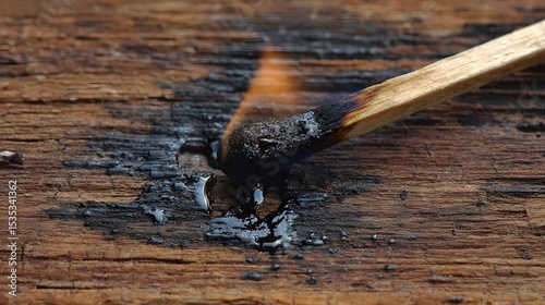 Close up of burning matchstick on wood surface fire safety and prevention tips photo