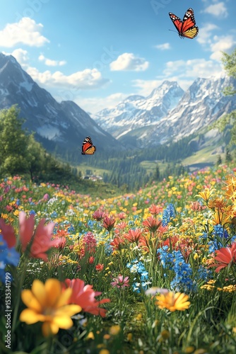 A vibrant meadow filled with colorful wildflowers and fluttering butterflies, set against a backdrop of snow-capped mountains under a bright blue sky.