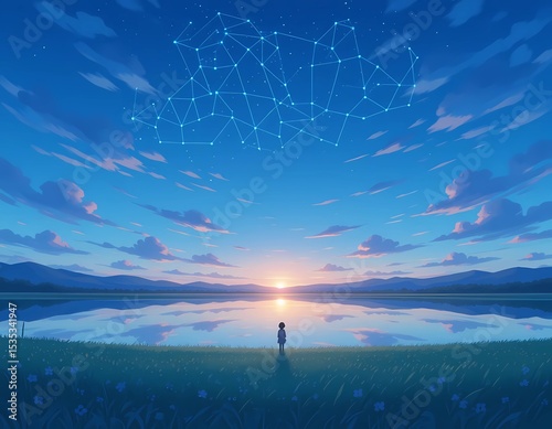Night sky landscape with blue clouds and celestial light beauty, generate ai 