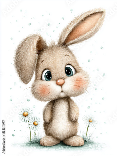 hand-drawn watercolor illustration of cute cartoon raccoon rabbit and flower,watercolor of animal on white paper