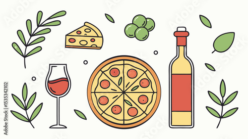 Hand drawn pizza wine and appetizers illustration with decorative leaves and olive elements