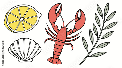 Hand drawn seafood elements including lobster lemon and olive branch transparent vector illustration