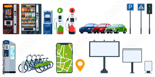 Urban infrastructure vector icons. City tech design elements ATM, vending machine, car or bike rental, charging station