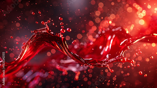 A vibrant red liquid splash creates a dynamic and abstract motion with droplets and waves against a dark background, suggesting freshness and energy