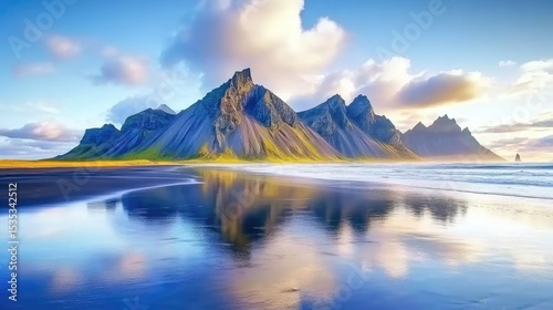 Serene coastal landscape with mountains reflecting in the calm water. photo