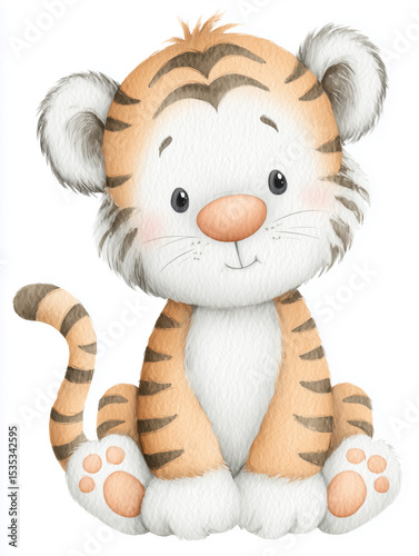 hand-drawn watercolor illustration of cute cartoon tiger,watercolor of animal on white paper background