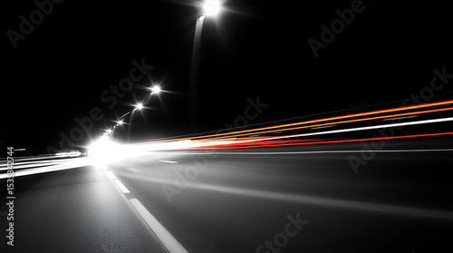 Abstract Black and White Night Road with Streaks of Light from Passing Cars and Streetlights