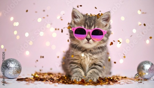 Cool kitten in sunglasses surrounded by confetti on pink background