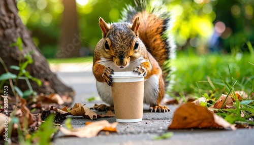 Squirrel holding a coffee cup on a park path in autumn
