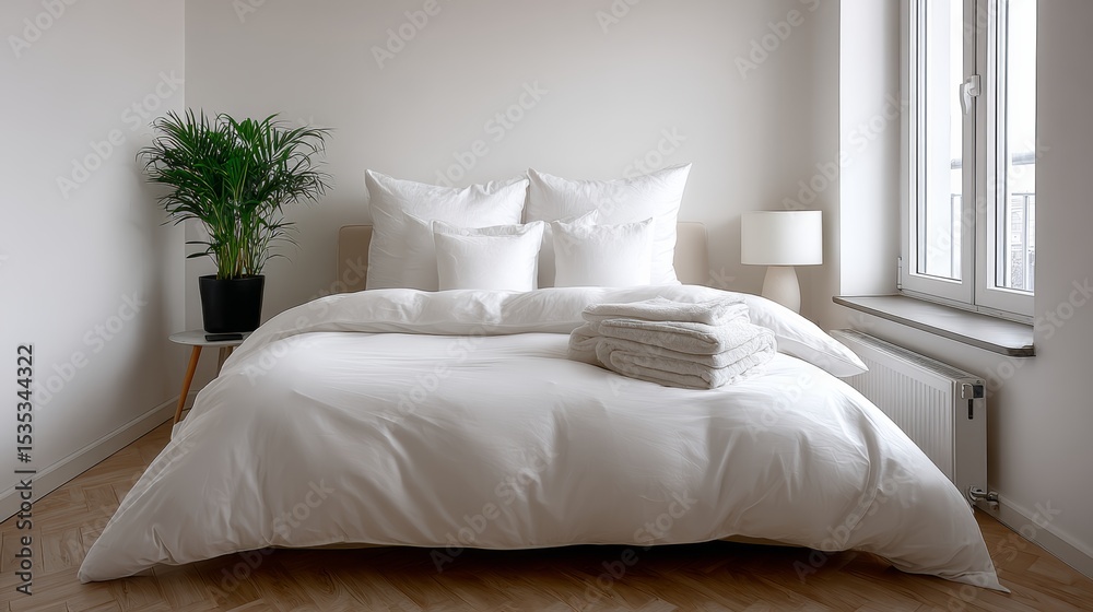 Obraz premium White bed with a plant on a table next to it