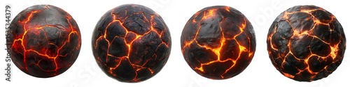 set of A dark lava rock ball, bright orange and red hue, a lava rock sphere, 3D rendering, game icon design style, lava ball, fantasy game item, texture map, on a transparent backgrounds