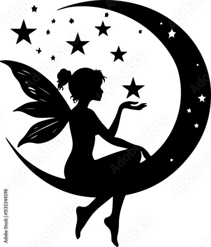 Fairy Moon Silhouette Vector, Magical Fairy Vector Art, Fairy Sitting on Crescent Moon, Starry Night Fairy Vector, Fantasy Moon Fairy Illustration, Celestial Fairy Silhouette Art, Enchanted Fairy Vect