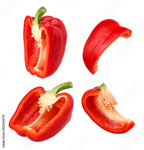 half red sweet bell pepper and slices isolated, transparent PNG, PNG format, Fresh red bell pepper