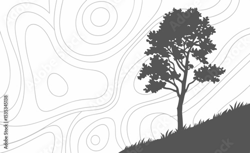 Lone Tree Silhouette on a Sloped Hill with Abstract Topographic Background