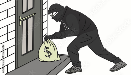 thief dressed all in black is stealing a bag of money, a sign of corruption              