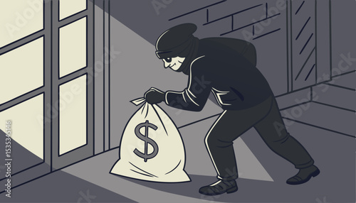 thief dressed all in black is stealing a bag of money, a sign of corruption              
