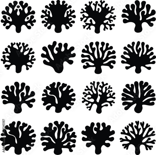 A diverse collection of varied coral silhouettes, perfect for ocean-themed projects and marine life illustrations. These striking designs are suitable for use in environmental campaigns, educational m