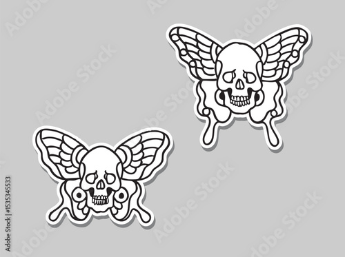 Old School Outline Tattoo - Butterfly Wings with Skull Design