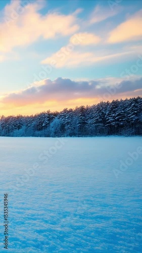 Winter sunset over snow covered forest