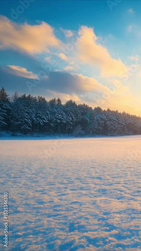 Serene winter sunset over snowy lake and forest