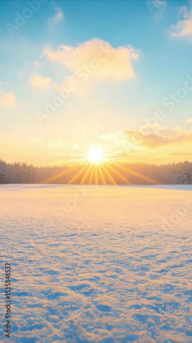 Winter sunrise over snowy field and forest