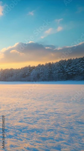 Winter sunset over snowy forest and frozen lake