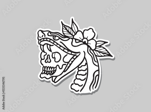 Vintage Skull in Snake Mouth with Flower Tattoo Outline – Old School Black and White Design