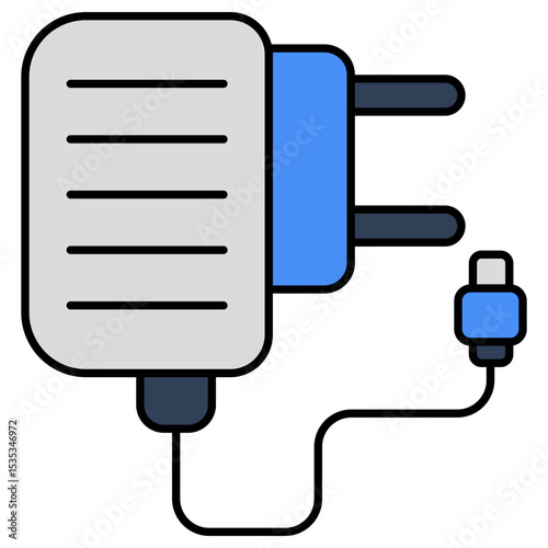 Vector illustration of a mobile phone charger adapter with USB cable for charging electronic devices outline icon for UI and graphic design projects