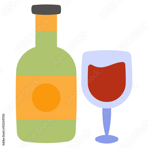 Stylized Wine Bottle and Full Glass Illustration Isolated on White Background Depicting Beverage Celebration Relaxation Drink