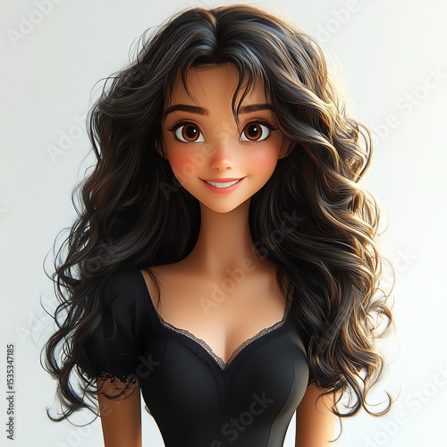 Stylized character with long, curly hair and a cheerful expression.